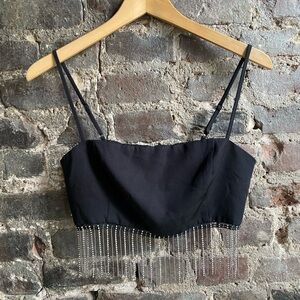 Superdown Black Crop Top with Silver Fringe